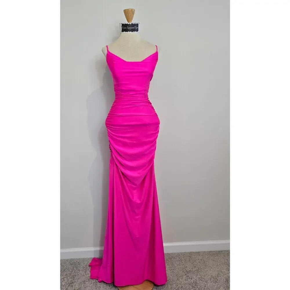 Jamie Formal Neon Pink Fitted Cowl Neck Mermaid Long Dress Sz XS - Picture 2 of 10